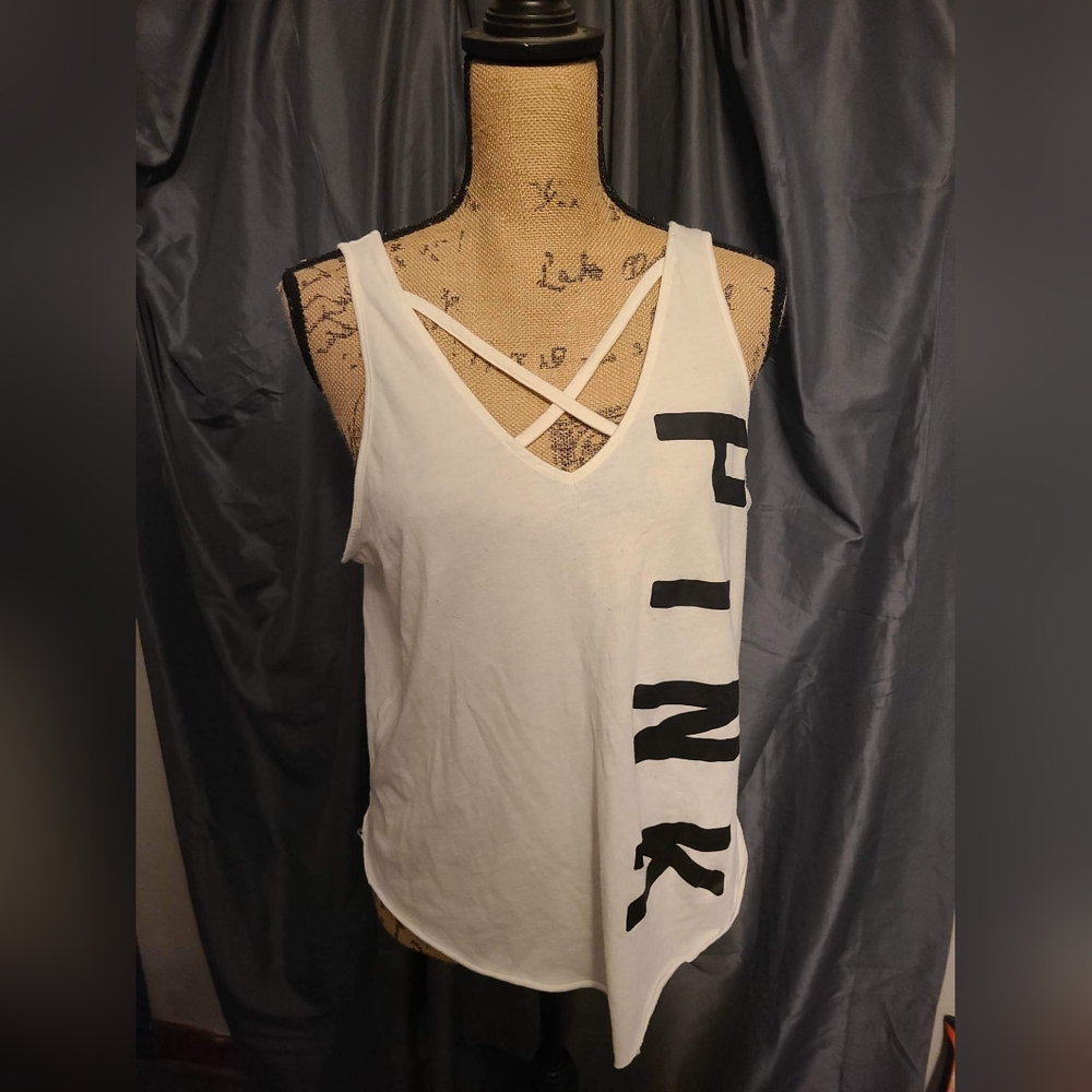 medium Victoria secret pink tank top white with black lettering and real